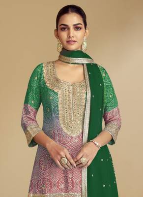 Green embroidery & sequence work chinon palazzo ( full stitched free size ) 3