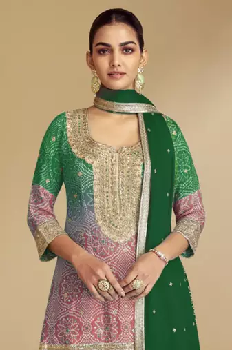 Green embroidery & sequence work chinon palazzo ( full stitched free size )