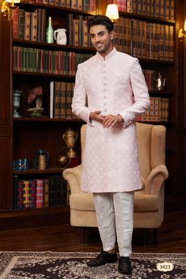 pink imported jaquard silk sherwani and faux satin pajama for mens 1