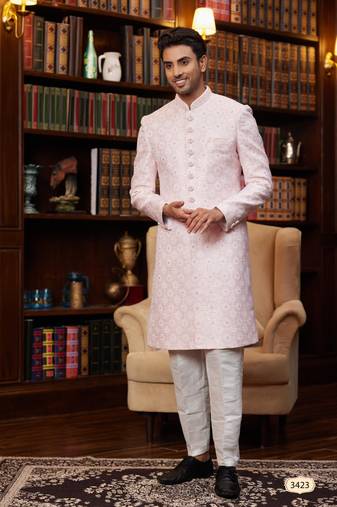 Pink imported jaquard silk Sherwani and faux satin pajama for mens