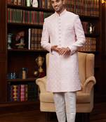 Pink imported jaquard silk Sherwani and faux satin pajama for mens