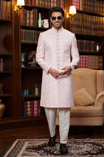 pink imported jaquard silk sherwani and faux satin pajama for mens