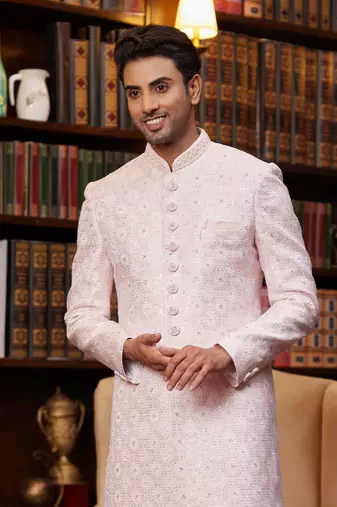 pink imported jaquard silk sherwani and faux satin pajama for mens