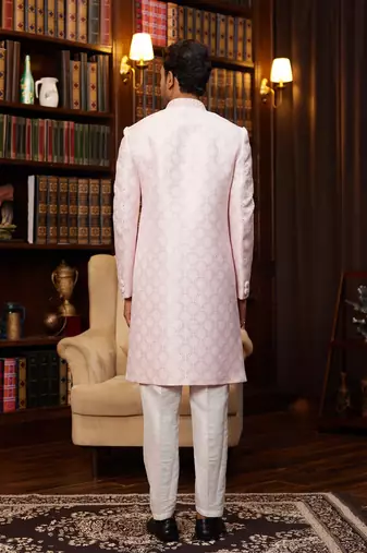 pink imported jaquard silk sherwani and faux satin pajama for mens