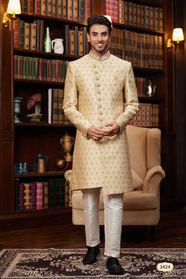 gold sherwani with imported jacquard silk and faux satin pajama for mens 1