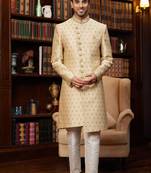 Gold sherwani with imported jacquard silk and faux satin pajama for mens