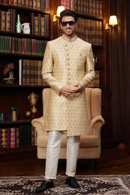 gold sherwani with imported jacquard silk and faux satin pajama for mens 2