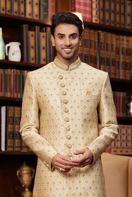 gold sherwani with imported jacquard silk and faux satin pajama for mens 3