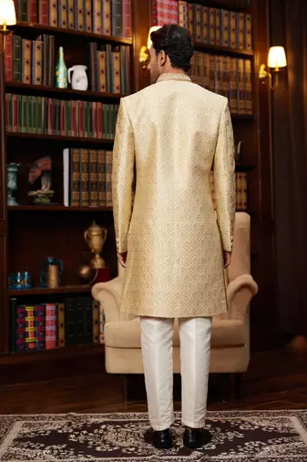 gold sherwani with imported jacquard silk and faux satin pajama for mens