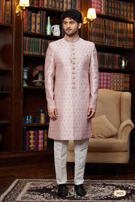 pink sherwani with imported jacquard silk and faux satin pajama for mens 1