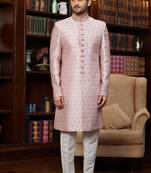 Pink sherwani with imported jacquard silk and faux satin pajama for mens