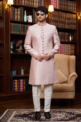 pink sherwani with imported jacquard silk and faux satin pajama for mens 2