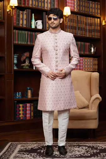pink sherwani with imported jacquard silk and faux satin pajama for mens