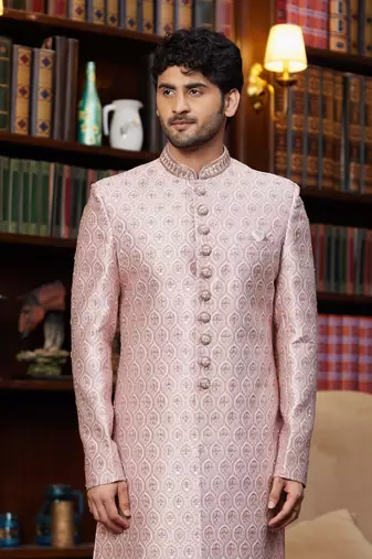 pink sherwani with imported jacquard silk and faux satin pajama for mens