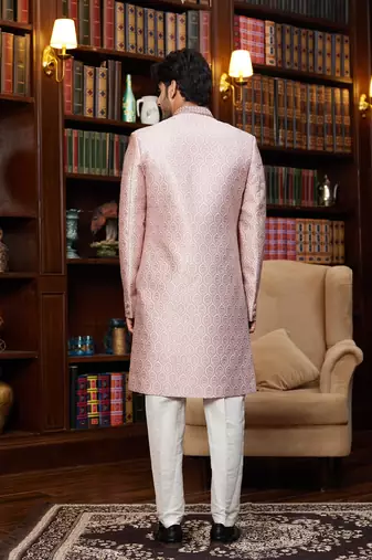 pink sherwani with imported jacquard silk and faux satin pajama for mens