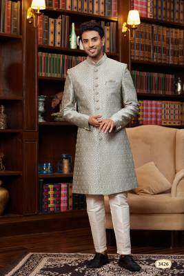 teal green sherwani with imported jacquard silk and faux satin pajama for mens 1