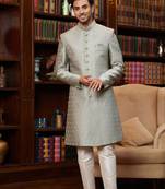 Teal green sherwani with imported jacquard silk and faux satin pajama for mens
