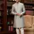 teal green sherwani with imported jacquard silk and faux satin pajama for mens