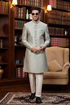 teal green sherwani with imported jacquard silk and faux satin pajama for mens 2