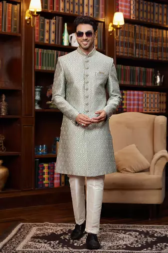 teal green sherwani with imported jacquard silk and faux satin pajama for mens