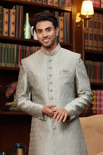 teal green sherwani with imported jacquard silk and faux satin pajama for mens