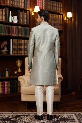 teal green sherwani with imported jacquard silk and faux satin pajama for mens 4