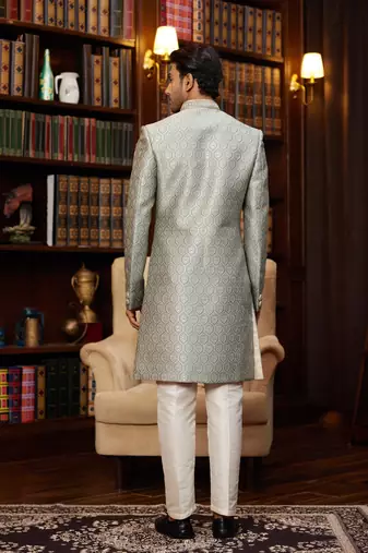 teal green sherwani with imported jacquard silk and faux satin pajama for mens