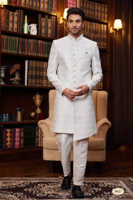 light purple imported jacquard silk sherwani with faux satin pajama for mens 1