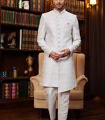 Light purple imported jacquard silk sherwani with faux satin pajama for mens