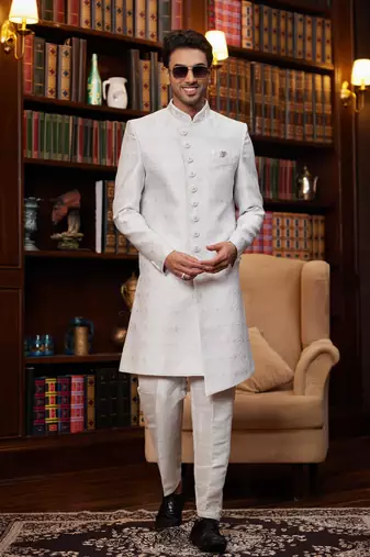 light purple imported jacquard silk sherwani with faux satin pajama for mens
