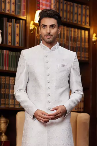 light purple imported jacquard silk sherwani with faux satin pajama for mens
