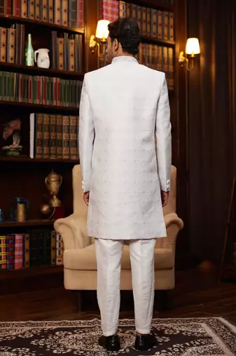 light purple imported jacquard silk sherwani with faux satin pajama for mens