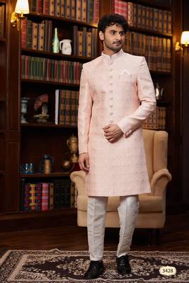 pink imported jacquard silk sherwani with faux satin pajama for mens 1