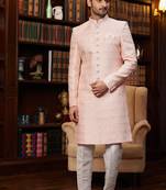 Pink imported jacquard silk sherwani with faux satin pajama for mens