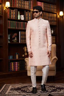 pink imported jacquard silk sherwani with faux satin pajama for mens 2