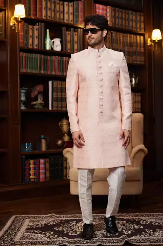 pink imported jacquard silk sherwani with faux satin pajama for mens