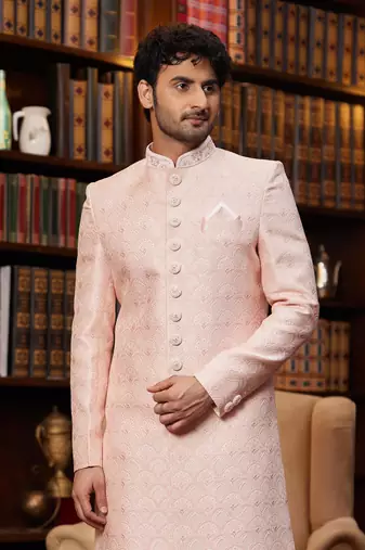 pink imported jacquard silk sherwani with faux satin pajama for mens