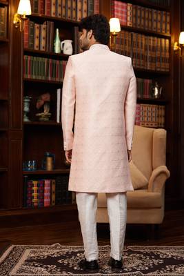 pink imported jacquard silk sherwani with faux satin pajama for mens 4