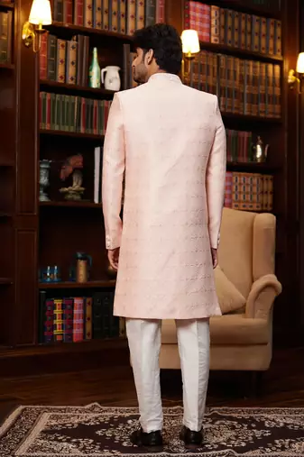 pink imported jacquard silk sherwani with faux satin pajama for mens