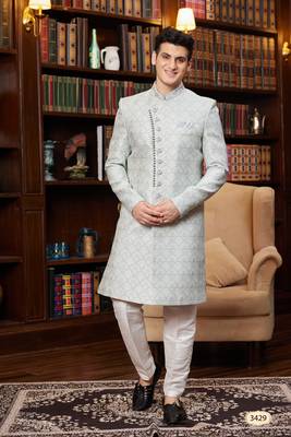 grey jacquard silk sherwani with faux satin pajama for men 1