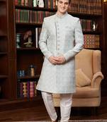 Grey jacquard silk sherwani with faux satin pajama for men