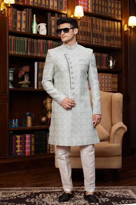 grey jacquard silk sherwani with faux satin pajama for men 2