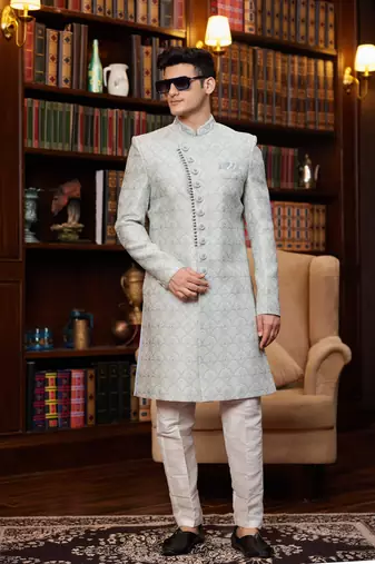 grey jacquard silk sherwani with faux satin pajama for men