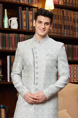 grey jacquard silk sherwani with faux satin pajama for men 3