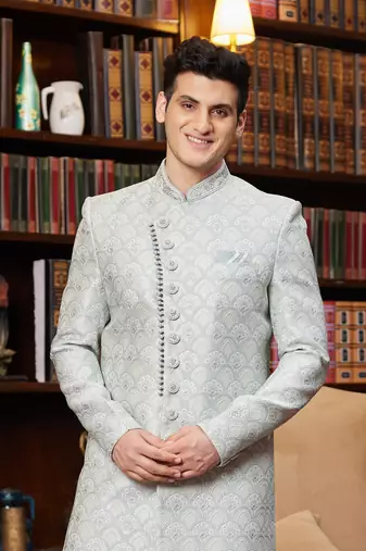 grey jacquard silk sherwani with faux satin pajama for men