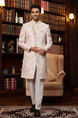 pink jaquard silk sherwani with faux satin pajama for men 1