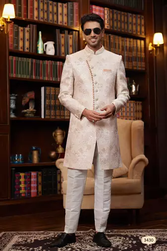 pink jaquard silk sherwani with faux satin pajama for men