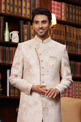 pink jaquard silk sherwani with faux satin pajama for men 3