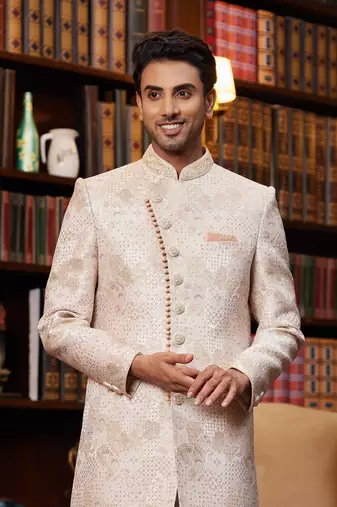 pink jaquard silk sherwani with faux satin pajama for men