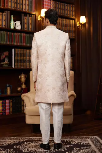 pink jaquard silk sherwani with faux satin pajama for men